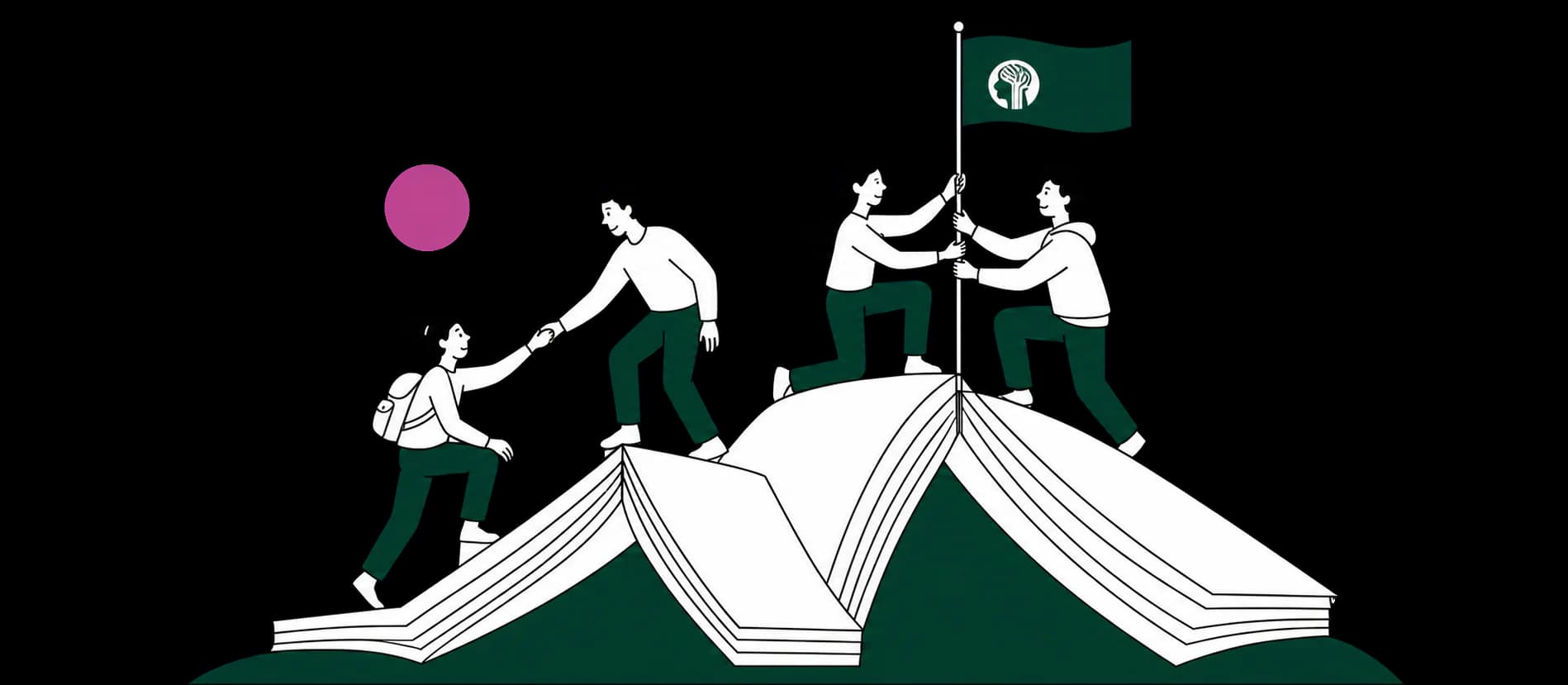 A teacher and students helping one another climb open books and raise a Prep Up flag