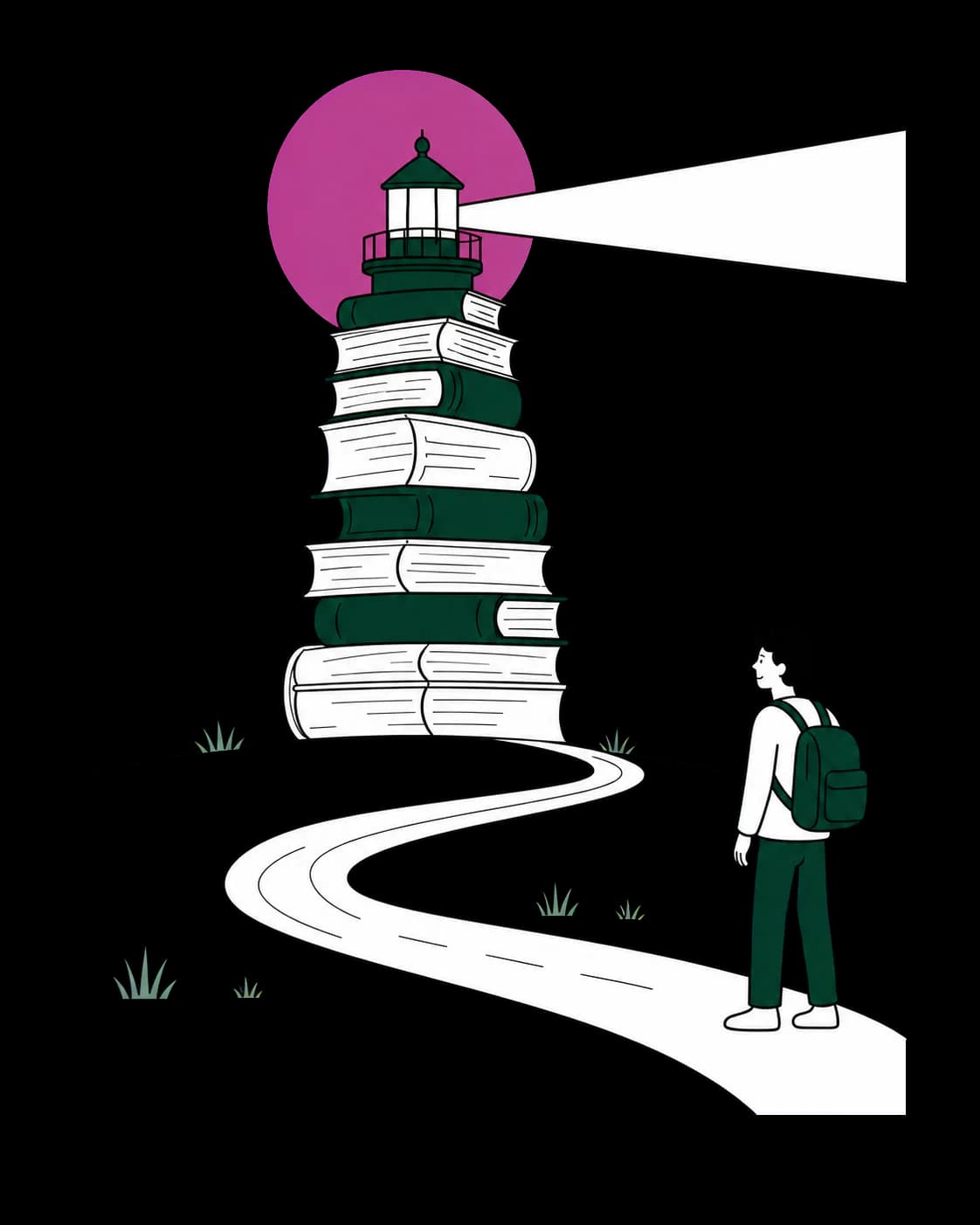 A student following a clear path towards a lighthouse built from books
