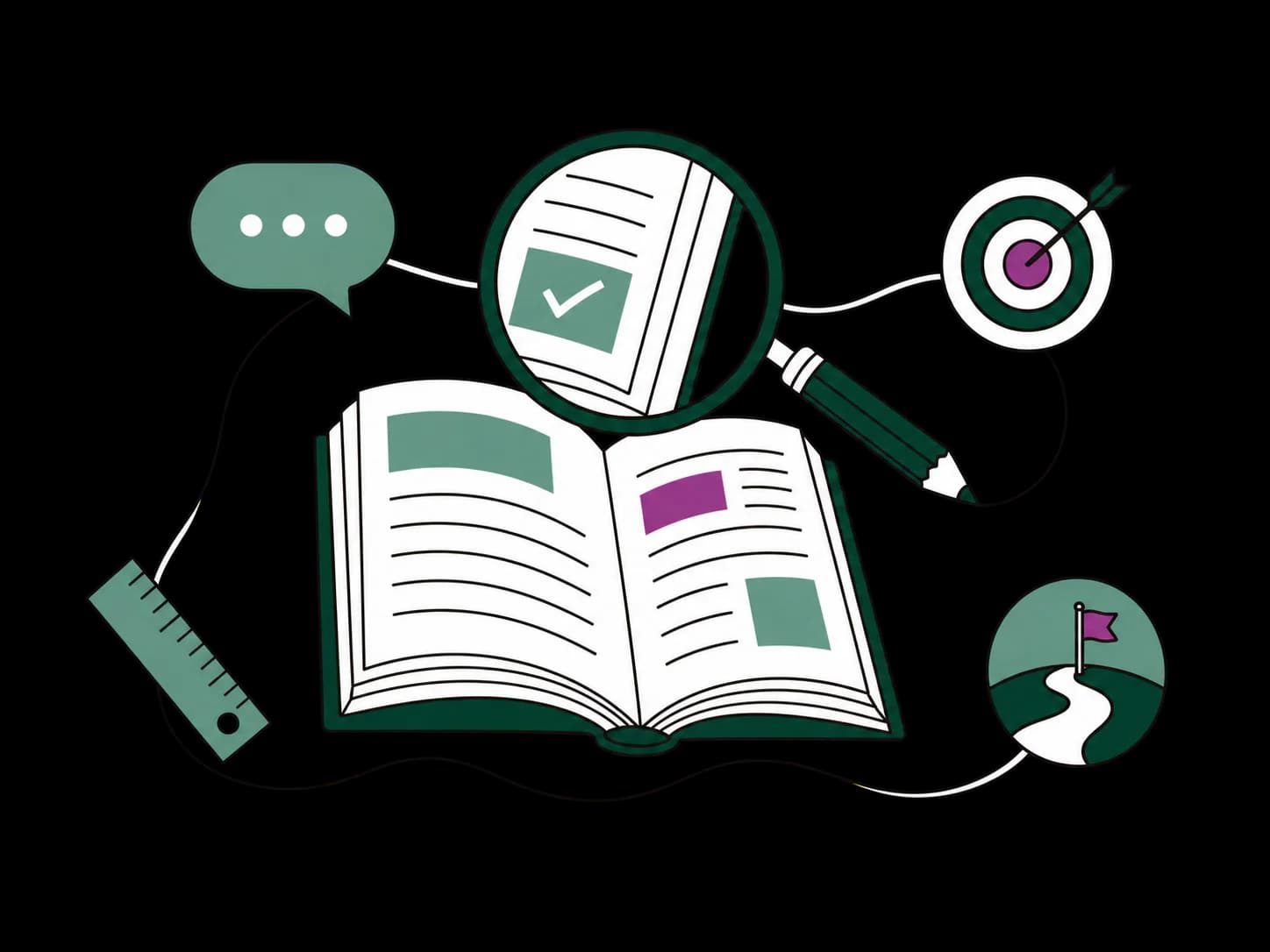 An open lesson book inspected carefully with symbols for feedback, focus, and progress