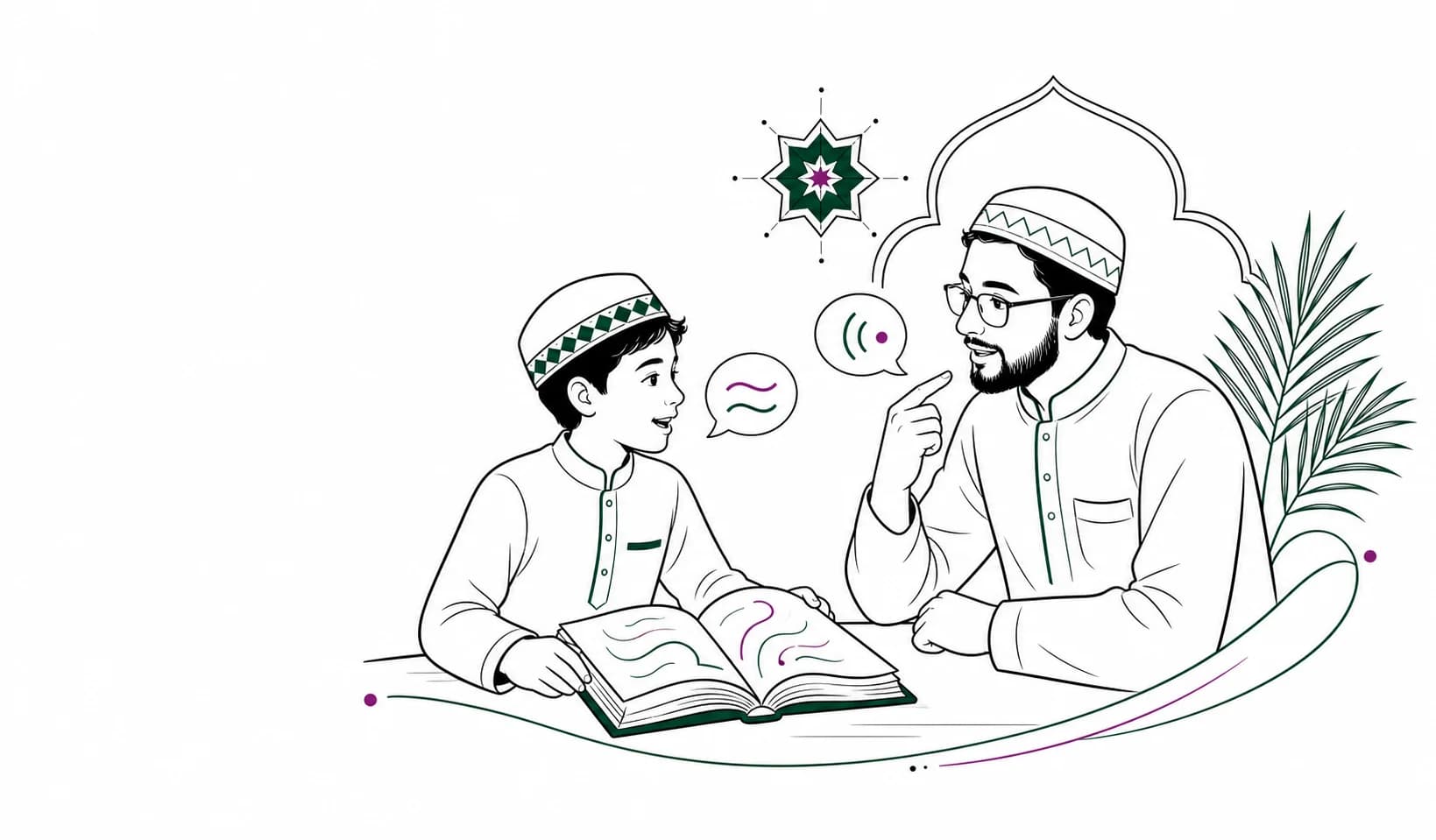 A student and educator practising Arabic communication through a guided story and discussion