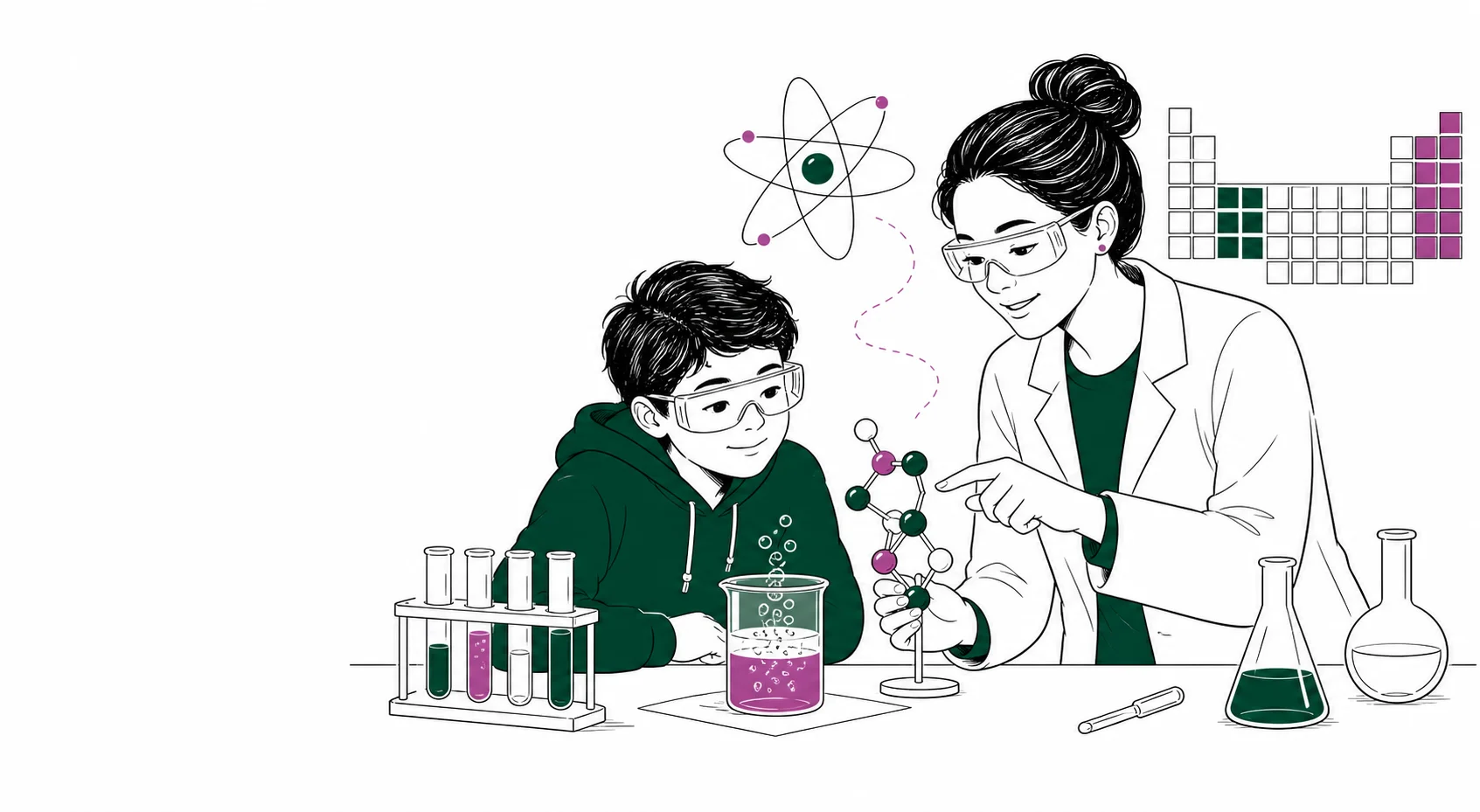 A student and educator carrying out a safe chemistry investigation with laboratory equipment