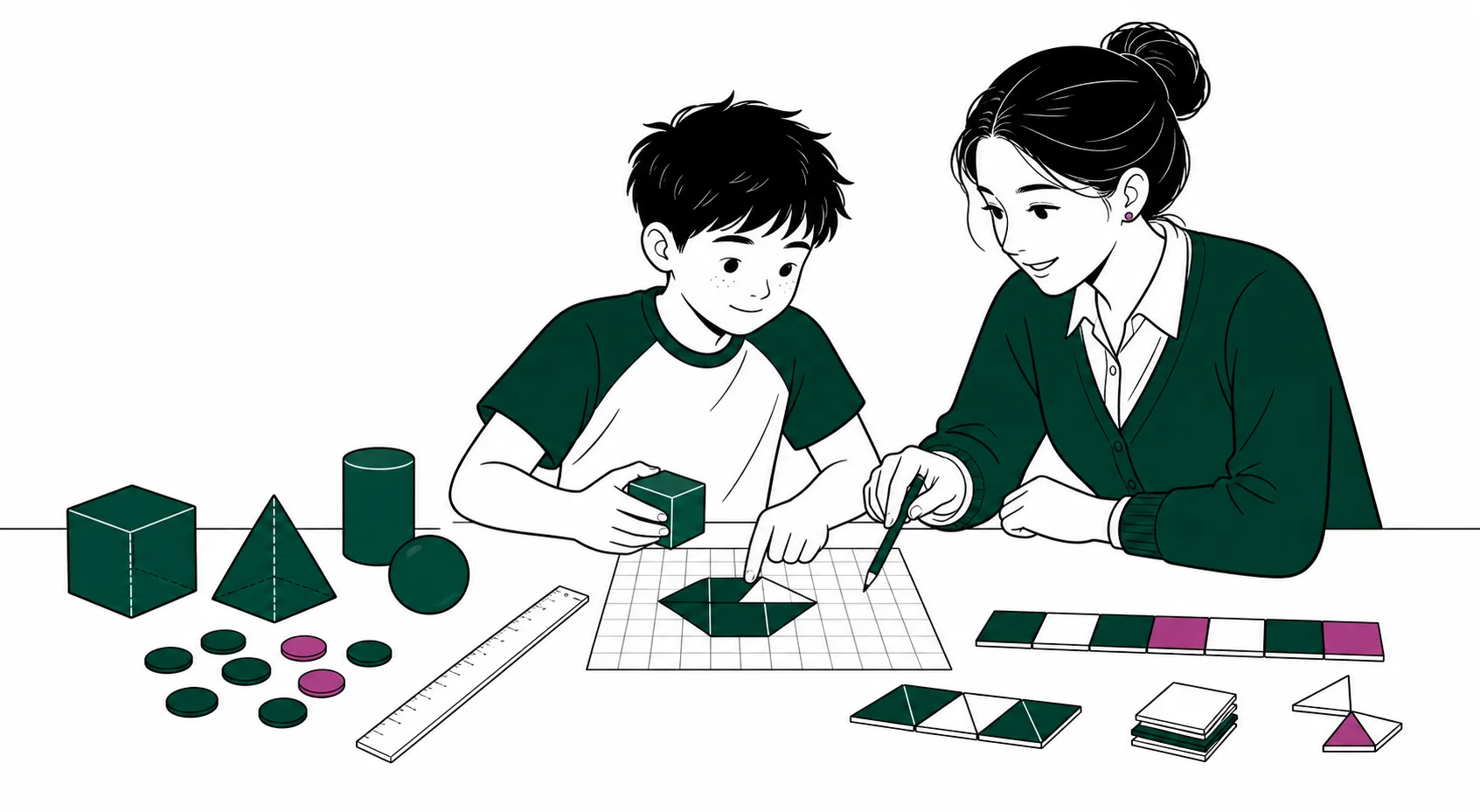 A student and teacher exploring numbers, patterns and geometry with practical learning materials