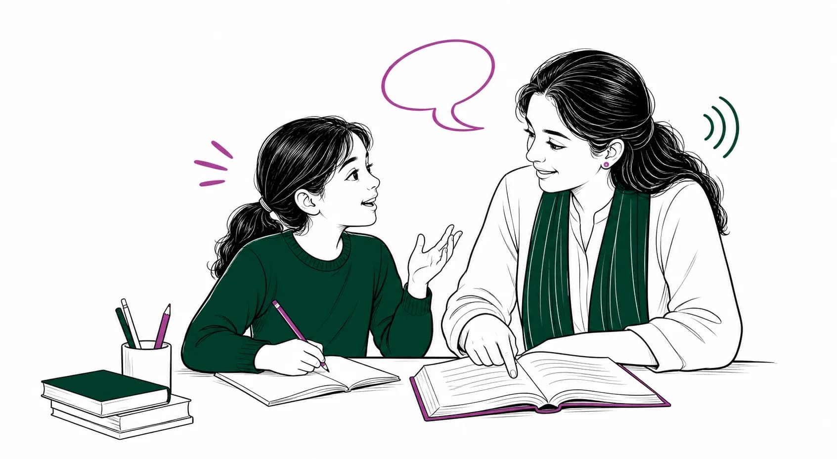 A student and educator discussing a text while developing reading, writing, speaking and listening skills