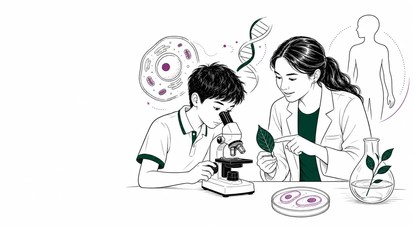 A student and educator investigating a leaf specimen with a microscope