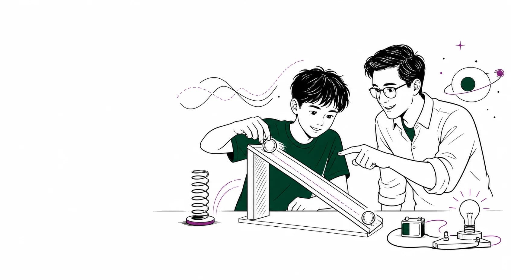 A student and teacher exploring motion, waves and electricity through a physics demonstration