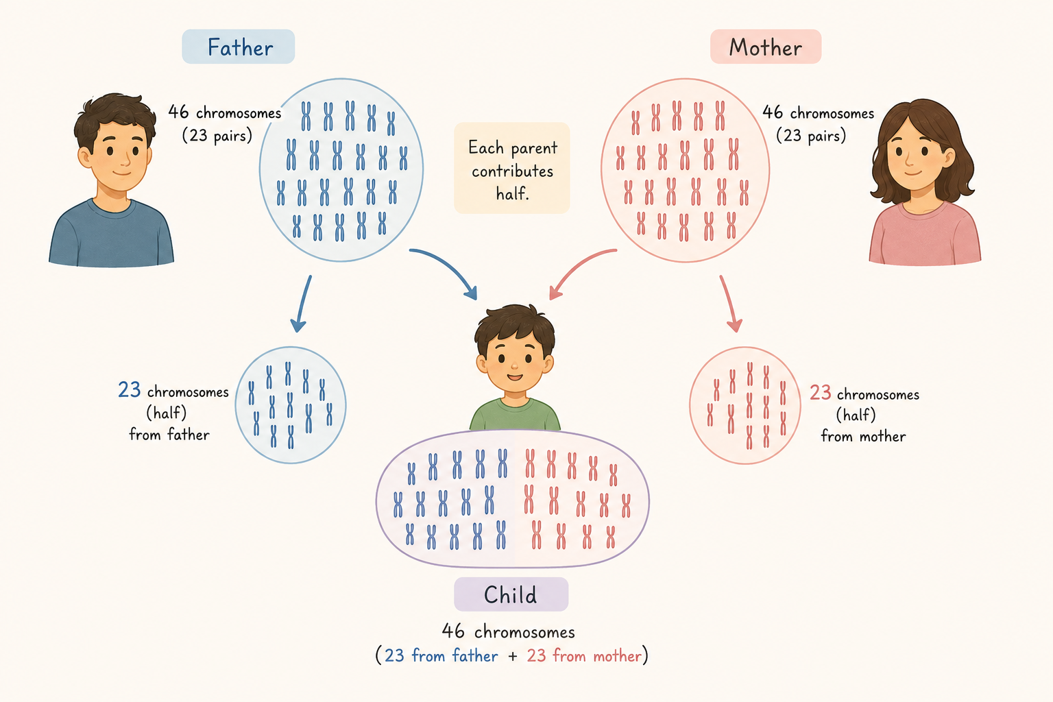 We inherit 23 chromosomes from each parent